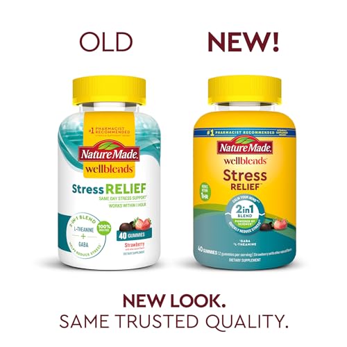 Nature Made Wellblends Stress Relief Gummies, L theanine 200mg to Help Reduce Stress, with GABA 100mg, Same Day Stress Support, 40 Strawberry Flavor Gummies
