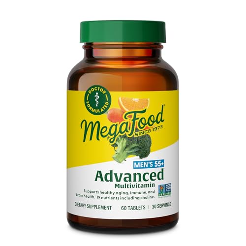 MegaFood Men's 55+ Advanced Multivitamin for Men - Doctor-Formulated -Choline, Vitamin D, Vitamin B12 – Plus Real Food – Brain Health Supplement for Adults & Immune Support - 120 Tabs (60 Servings)