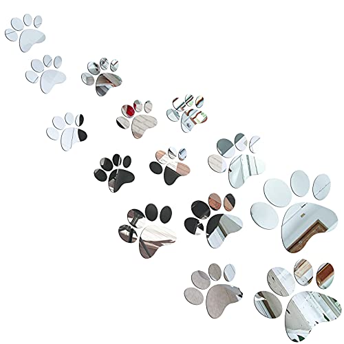 Tenare 14 Pieces Paw Mirror Decals Dog Footprints Stickers Acrylic Paw Stickers Removable Wall Paw Decors Decoration of 3 Sizes for DIY Living Room Bedroom Art Nursery Mural Home Decor(Silver)