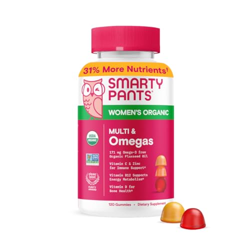 SmartyPants Organic Women's Multivitamin Gummies: Biotin, Methylfolate, Omega 3 (ALA), Vitamin D3, C, Vitamin B12, B6, A, K & Zinc, Inositol, Gluten Free, Vegetarian, 120 Count (30 Day Supply)