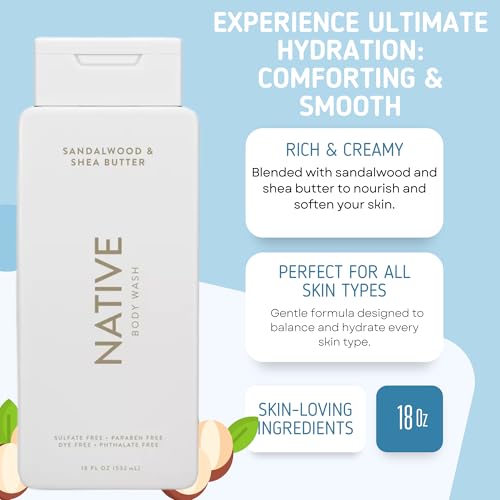 Native Body Wash, 2 Pack - Sandelwood and Shea Butter & Sea Salt and Cedar 18oz Clean Body Cleanser, Sulfate-Free, Paraben-Free Formula for All Skin Types