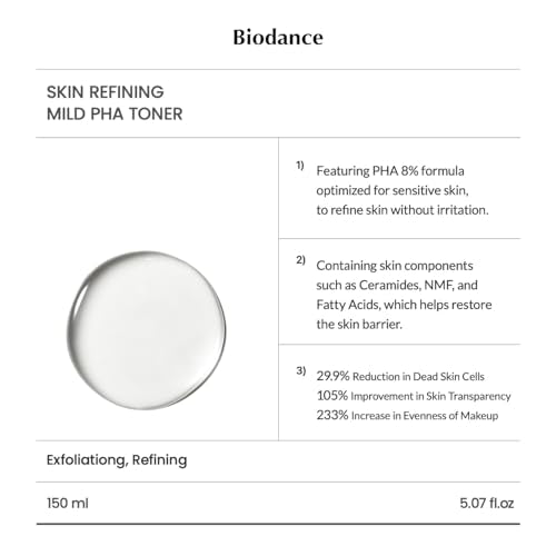 Biodance Skin Refining Mild PHA Toner, Gentle Exfoliating Face Toner for Sensitive Skin with Ceramides & NMF | 5.07 fl.oz,150ml