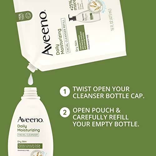 Aveeno Daily Moisturizing Facial Cleanser with Soothing Non-GMO Oat, Leaves Skin Feeling Hydrated, Soft & Supple, Paraben-, Sulfate-, Fragrance-, Dye- & Soap-Free, Refill Pouch, 16 fl. oz