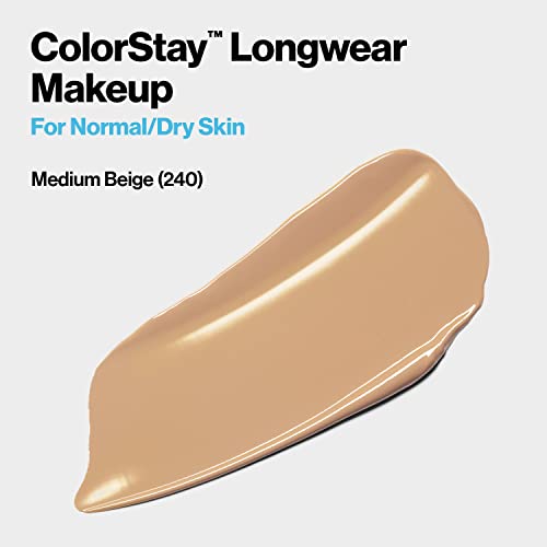 Revlon ColorStay Liquid Foundation for Normal & Dry Skin, Face Makeup Stocking Stuffers for Women, SPF 20, Medium-Full Coverage, Natural Finish, 240 Medium Beige, 1.0 Oz
