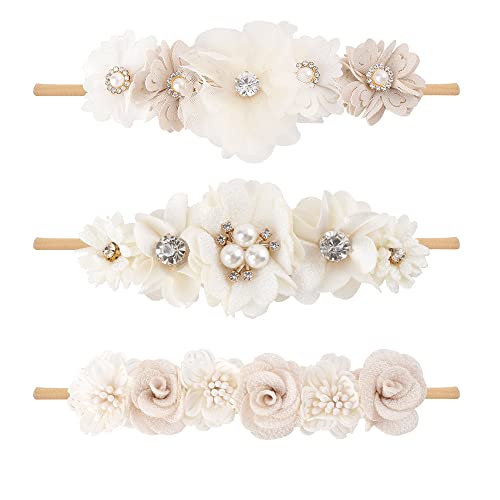 cherrboll 3pcs Baby Girl Flower Headbands, Super Soft & Stretchy Nylon Floral Hairbands for Newborn Toddler