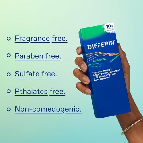 Differin Acne Face Wash with 10% Benzoyl Peroxide, Maximum Strength OTC Acne Foaming Cleanser, Fast Acting Acne Treatment for Face and Body, 5 oz.