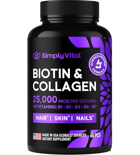 Biotin and Collagen Supplements with Keratin - Hair Vitamins - Hair Skin & Nails Vitamins with Biotin, Collagen, B Complex - Made in USA - Biotin Supplement for Strong Hair, Skin & Nails - 60 Capsules