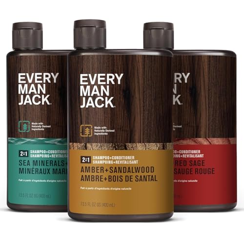 Every Man Jack Men's 2-in-1 Daily Shampoo + Conditioner Variety Pack - Includes 3 Outdoor Inspired Scents Scents - Amber + Sandalwood, Cedar + Red Sage, Sea Minerals + Citron, 13.5 oz (3 Pack)