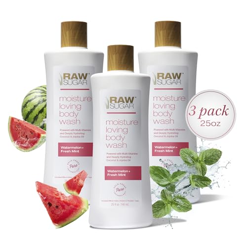 RAW SUGAR Moisture Loving Body Wash - Watermelon + Fresh Mint, Moisturizing & Refreshing Bath & Shower Gel, Sulfate-Free, Paraben-Free & Vegan (Pack of 3)
