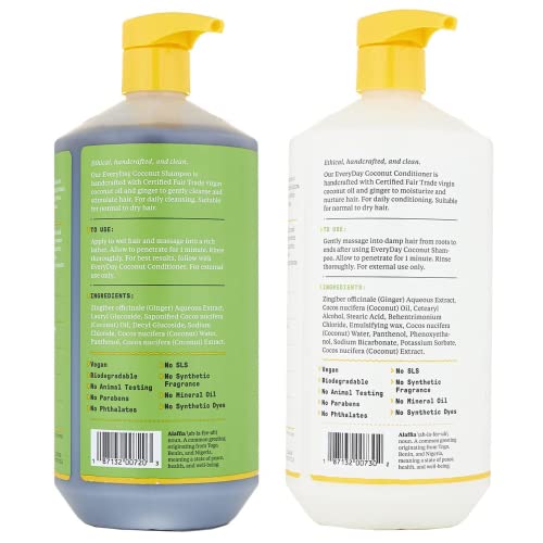 Alaffia EveryDay Coconut Shampoo and Conditioner - Normal to Dry Hair Cleansing with Ginger and Coconut Oil, Fair Trade, 32 Fl Oz