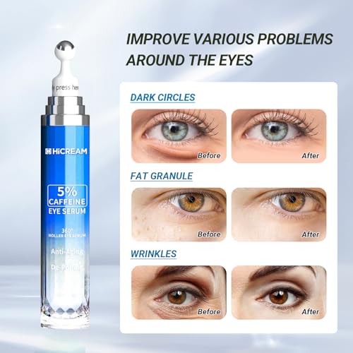 Hicream Eye Cream, Under Eye Serum with 5% Caffeine Hyaluronic Acid for Puffy, Fine Lines, Eye Bags, Dark Circles and Wrinkles, Eye Roller Serum with 360°Massage Balll, Eye Skin Care for Women & Men