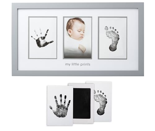 Pearhead Babyprints Photo Frame - Ideal for Baby Shower, Nursery Décor, Memory Keepsake, Newborn Kit with Clean-Touch Ink Pads for Baby Handprints & Footprints - Gray