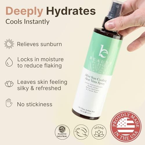 Beauty by Earth After Sun Cooling Aloe Vera Spray - USA Made With Organic Aloe Vera, Fast Absorbing After Sun Care for Sunburn Relief, Skin Cooling Spray, Sunburn Treatment Spray Lotion for Body