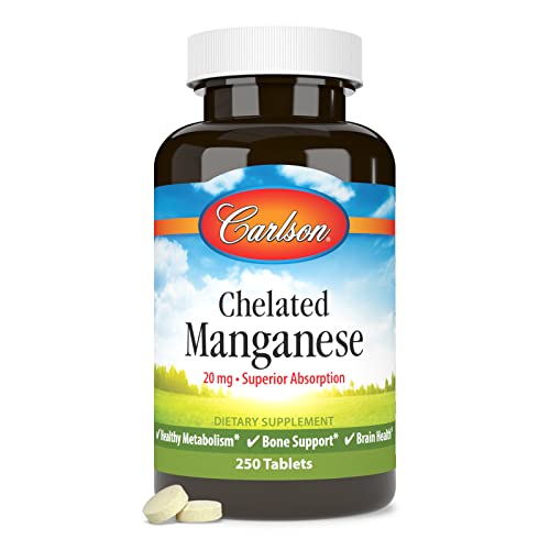 Carlson - Chelated Manganese, 20 mg - Superior Absorption, Healthy Metabolism, Bone Support & Brain Health, 250 Tablets