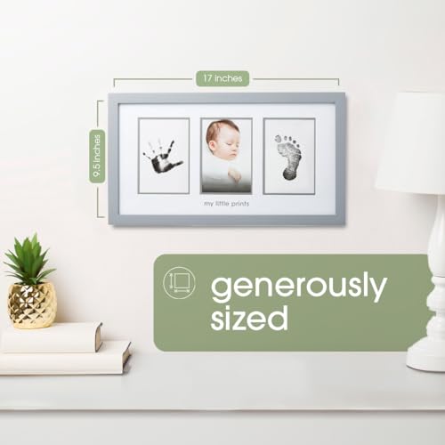 Pearhead Babyprints Photo Frame - Ideal for Baby Shower, Nursery Décor, Memory Keepsake, Newborn Kit with Clean-Touch Ink Pads for Baby Handprints & Footprints - Gray