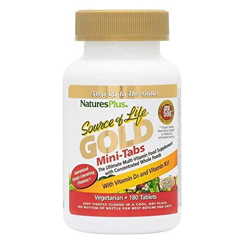 Natures Plus Source of Life Gold Multivitamin - 180 Mini-Tabs - with Vitamins D3, B12 & K2 - Blood, Bone & Immune Support - Vegetarian & Gluten Free - 30 Servings