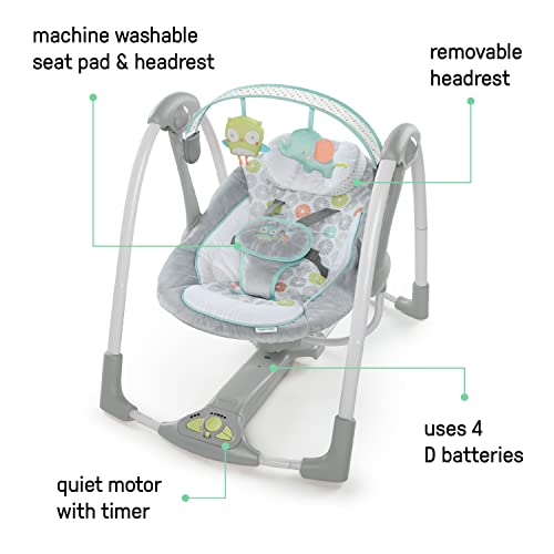 Ingenuity Swing 'n Go 5-Speed Baby Swing - Foldable, Portable, 2 Plush Toys & Sounds, 0-9 Months 6-20 lbs (Hugs & Hoots)