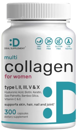Multi Collagen Pills with Vitamin C, E & Biotin, 300 Capsules – Hydrolyzed Collagen Peptides – 11 in 1 Formula with Saw Palmetto, Bamboo Silica, & Hyaluronic Acid – Hair, Skin, Nail, & Joint Health