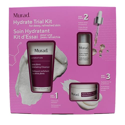 Murad Hydrate Trial Kit - 3-Piece Trial Size Kit $62 Value - Moisturizing Daily Skincare Set - AHA/BHA Exfoliating Cleanser, Multi-Vitamin Infusion Oil & Hydro-Dynamic Ultimate Moisturizer
