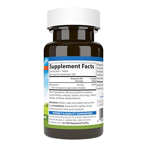 Carlson - Chelated Manganese, 20 mg, Superior Absorption, Healthy Metabolism, Bone Support & Brain Health, 100 Tablets
