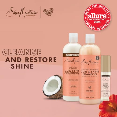 Shea Moisture Shampoo & Conditioner Set + Smooth & Shine Oil Gift Set –Coconut & Hibiscus Curl & Shine, Anti-Frizz Products for Curly Hair (3 Piece Set)