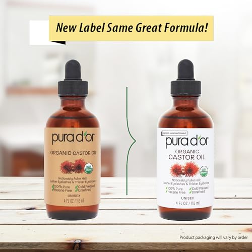 PURA D'OR 4 Oz ORGANIC Castor Oil - 100% Pure USDA Certified Cold Pressed, Hexane Free Eyelash & Eyebrow Serum - For Fuller, Thicker Lashes & Brows - Skin & Hair