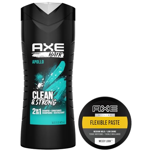 AXE Men’s Hair Styling Set – Apollo Clean & Strong 2-in-1 Shampoo + Messy Look Flexible Paste, Medium Hold, Low Shine