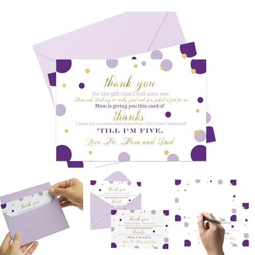 15 Purple and Gold Thank You Cards with Lilac Envelopes -Stationery for Girls Baby Shower Dazzling Abstract Dot