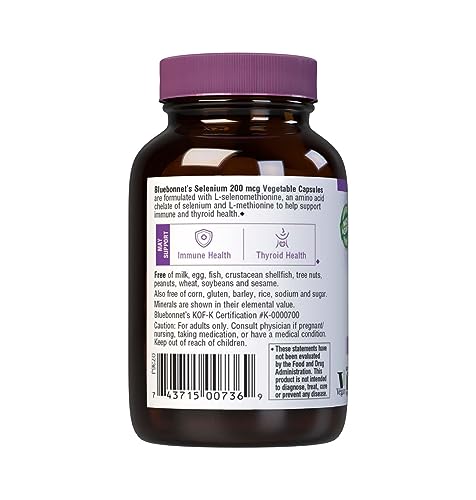 Bluebonnet Selenium 200mcg Capsules (L-selenomethionine) - Potent Antioxidant Support - Amino Acid Complex Selenium Supplement for Women & Men - Vegan, Non-GMO, Gluten-Free - 90 Vegetable Capsules