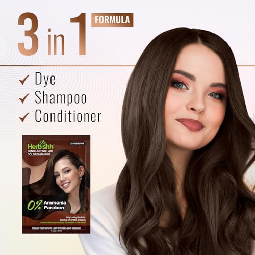Herbishh Travel Pack Hair Dye Color Shampoo in Sachet + 1pc Argan Hair Mask Sachet (Dark brown, 1 sachet)