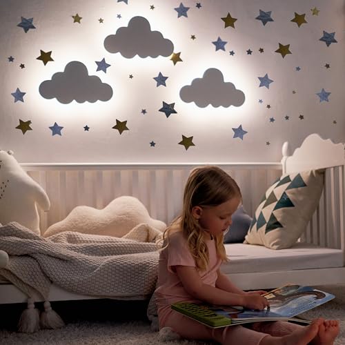 KALEOLI Cloud Light for Wall with Baby Wall Decals - Nursery Lighting for Baby Room Decor – Rechargeable & 3-Level Dimmer Cloud Lamp - Touch Night Light for Nursery