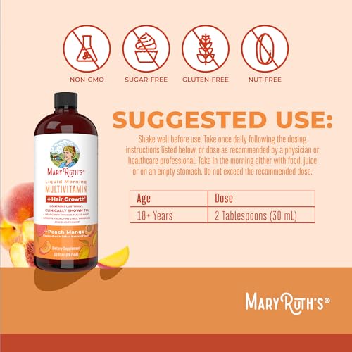 MaryRuth Organics Liquid Multivitamin + Lustriva® Hair Growth for Women| Biotin 10000mcg | Vitamin B & D | Clinically Tested for Thicker Hair, Wrinkles, Fine Lines, Skin Care | Ages 18+ | 30 Fl Oz