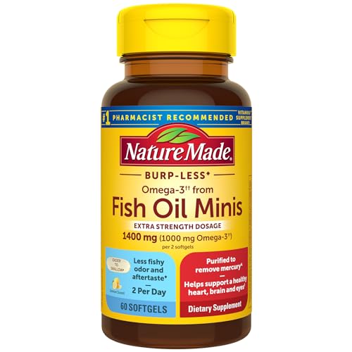 Nature Made Extra Strength Burp Less Omega 3 Fish Oil 1400 mg Minis, Fish Oil Supplements as Ethyl Esters for Healthy Heart, Brain and Eyes Support, Omega 3 Supplement, 60 Softgels, 30 Day Supply