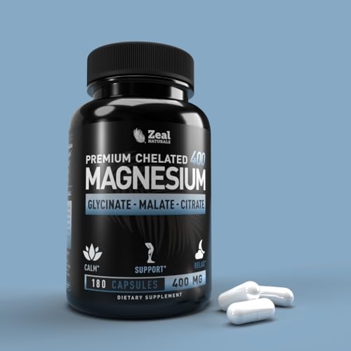 Premium Chelated Magnesium Glycinate, Malate, Citrate (400mg | 180 Capsules) Triple Blend Magnesium Complex