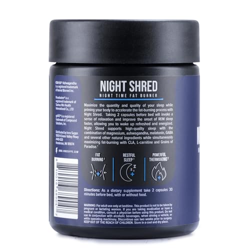 Night Shred Fat Burner and Natural Sleep Support | Ashwaganda, 5-HTP, CLA, Melatonin | Appetite Suppressant | Weight Loss Support Nighttime Fat Burning (60 Vegetarian Capsules)
