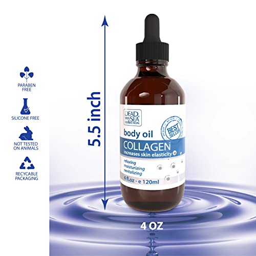 Dead Sea Collection Body Oil with Collagen - Dry Skin Moisturizer and Hydrating Massage Oil - Nourishing Bath - Increase Skin Elasticity and Provide Anti-Aging Support for Face and Body (4 fl.oz)