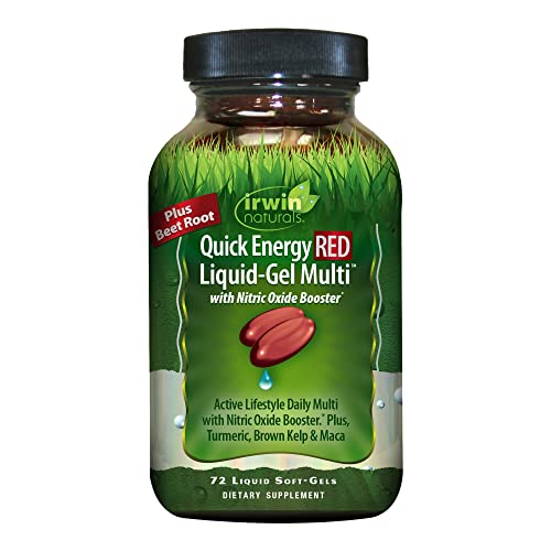 Irwin Naturals Quick Energy RED Liquid-Gel Multi with Nitric Oxide Booster - 72 Liquid Softgels - with Nitric Oxide Booster, Turmeric, Brown Kelp, Maca & Beet Root