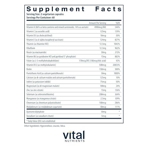 Vital Nutrients Multi-Nutrients 5 Ultra Antioxidant Formula | Boron, Copper, and Iron Free | Vegetarian Daily Multivitamin and Mineral | Gluten, Dairy, Soy Free | Non-GMO | 120 Capsules