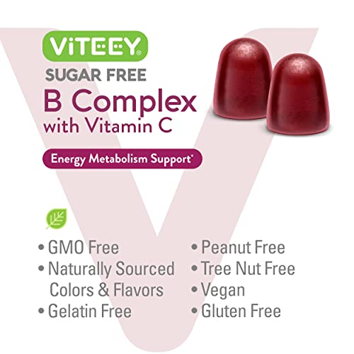 Vitamin B Complex Gummies with Vitamin C, Sugar Free - Energy, Metabolism & Nerve Health - B6, B12, Folic Acid, Biotin - Vegan, Gelatin Free, GMO Free - Tasty Chewable Strawberry Flavored Gummy