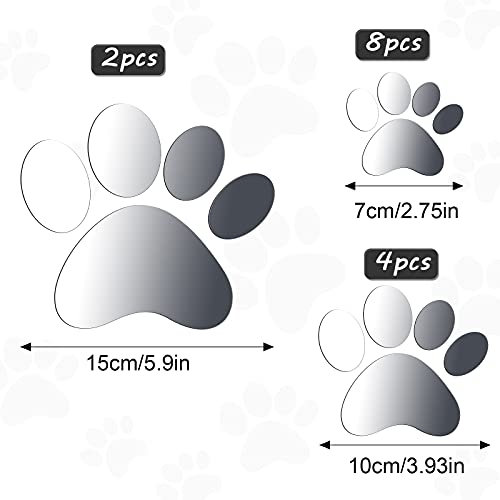 Tenare 14 Pieces Paw Mirror Decals Dog Footprints Stickers Acrylic Paw Stickers Removable Wall Paw Decors Decoration of 3 Sizes for DIY Living Room Bedroom Art Nursery Mural Home Decor(Silver)