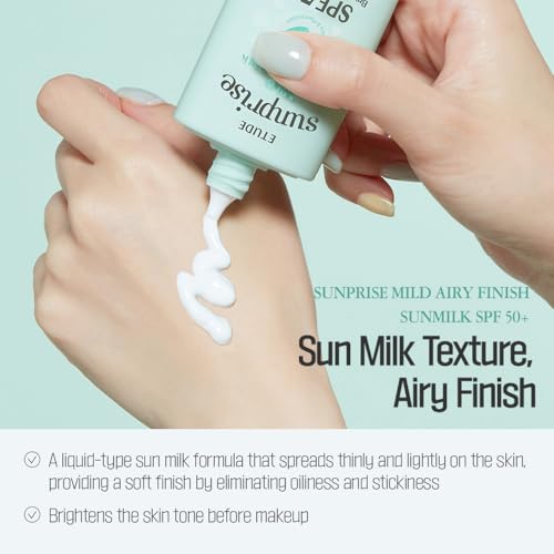 ETUDE Sunprise Mild Airy Finish Sun Milk SPF50+ / PA++++ (55ml) | Sebum-free, Non-Sticky, Long Lasting Protection, 100% Mineral Based Korean Sunscreen, Korean Skin Care