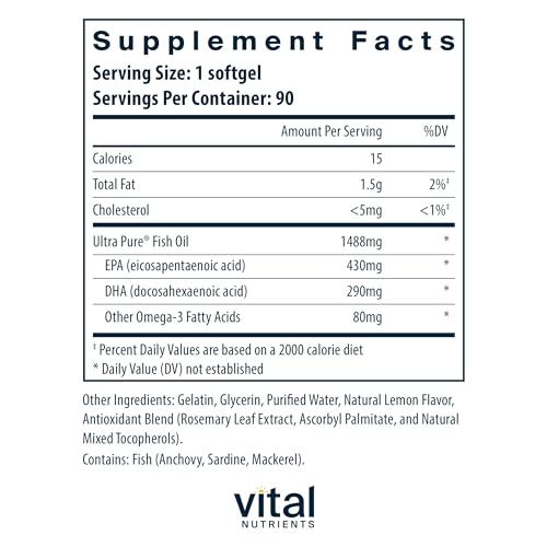 Vital Nutrients Ultra Pure® Fish Oil 800 Triglyceride Form | Heart, Brain, & Immune Health* | Sustainably Sourced High EPA & DHA Omega-3 Fatty Acid | Lemon Flavor | Gluten, Dairy, Soy Free | 90 Count