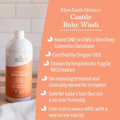 Earth Mama Sweet Orange Baby Wash Liquid Hand Soap Refill, Organic Body Wash for Sensitive Skin, All Purpose Castile Soap Liquid with Coconut Oil, Shea Butter, Calendula & Aloe, 34 fl oz