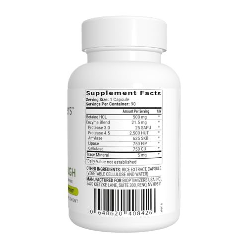 BiOptimizers HCL Breakthrough - Betaine Hydrochloride Enzymes Supplement - Assists with Protein Breakdown and Absorption - Helps Gas and Heartburn Relief - 90 Pepsin-Free Capsules