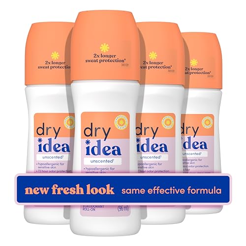 Dry Idea Unscented Roll On Deodorant & Antiperspirant for Women - Hypoallergenic for Sensitive Skin, 2X Longer Sweat Protection, 72Hr Sweat & Odor Protection, Womens Deodorant, 3.25oz (4 Pack)