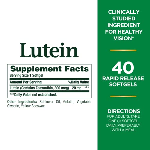 Nature's Bounty Lutein Pills, Eye Health Supplements and Vitamins, Support Vision Health, 20 mg, 40 Softgels