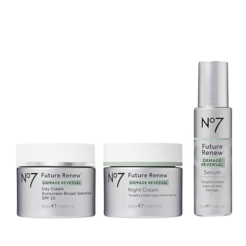No7 Future Renew Damage Reversal Skincare Set - Anti Aging Face Serum (.33 Fl Oz), Day Cream with SPF 25 (1.69 Fl Oz) & Night Cream (1.69 Fl Oz) - Reverses Visible Signs of Sun Damage - 3-Piece Set