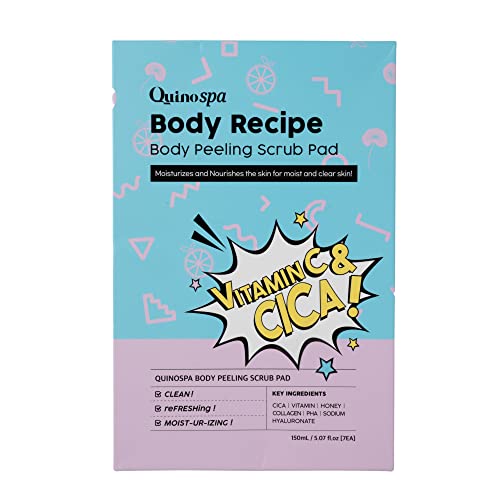 QuinoSpa Body Recipe Body Peeling Scrub Pad 7 Scrub Pads in Zipper Pouch with CICA | Vitamin C | Honey | Collagen | PHA | Hyaluronic Acid | Korean B
