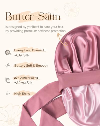 YANIBEST Satin Silk Bonnet for Sleeping Women, Double Layer Hair Bonnet with Elastic Tie Band for Curly Natural Hair, Beanpaste Pink