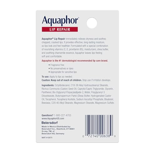 Aquaphor Lip Repair Ointment - Long-lasting Moisture to Soothe Dry Chapped Lips - .35 fl. oz. Tube